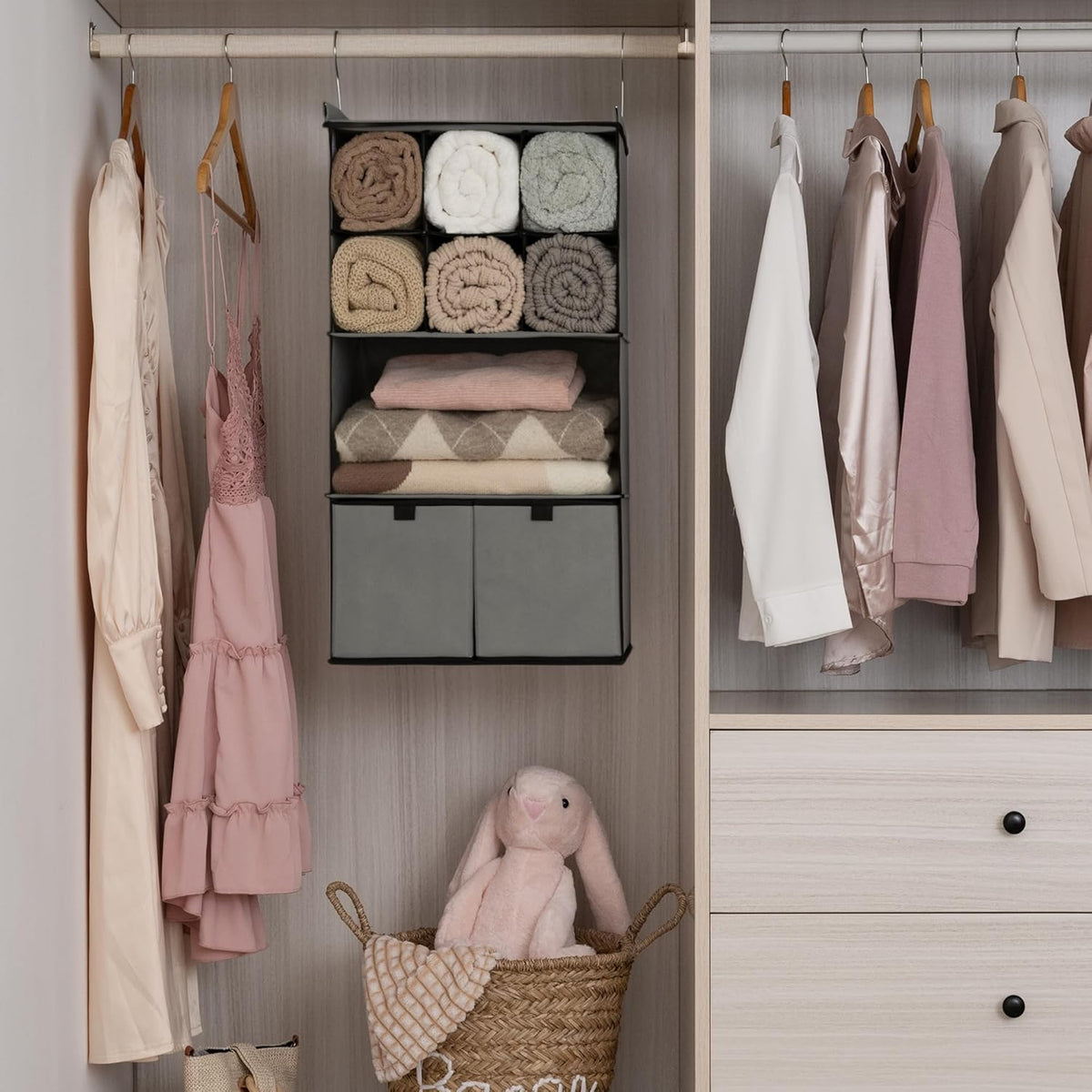 GRANNY SAYS Hanging Closet Organizer with Drawers, 4 Shelf Dividers Closet Hanging Organizer, Foldable Hanging Shelves for Wardrobe Closet, Small Closet Organizers for Clothes Shoes, Grey