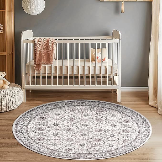 jinchan Round Rug 6ft Washable Circle Soft Rug - Low Pile Vintage 6'Round Indoor Beige Floral Print Stain Resistant Boho Carpet Ultra-Thin Non-Slip for Living Room Nursery Bedroom Dining Room Kitchen