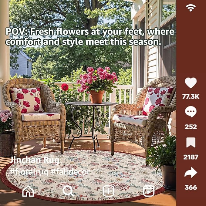 jinchan 4ft Floral Round Rug for Entryway Washable Kitchen Rug Vintage Romance Design Non Slip Indoor Doormat Lightweight Low-Profile Throw Carpet for Living Room Dining Room Bedroom, Red/Beige