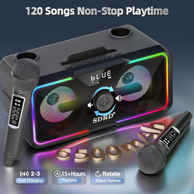 SD-215 Bluetooth Karaoke Machine for Adults & Kids- 2 Wireless Mics, 80W Powerful Sound, Rechargeable,15-Hour Playing, 6500mAh, LED Lights, Supports BT/USB/AUX for Home Parties Outdoor Gatherings
