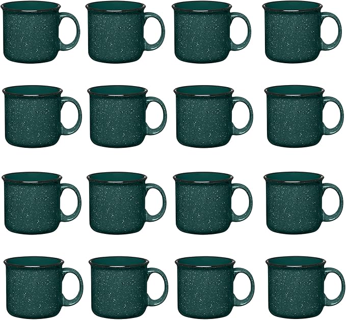 Set of 16 Ceramic Campfire Mugs – 15 Oz, Green – Coffee & Tea Cups for Home, Work, Travel, Camping – Customizable, Great for DIY, Events, Companies