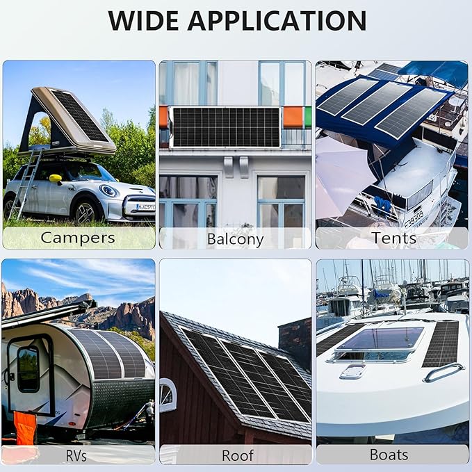 Flexible Solar Panel 100W 12V Monocrystalline Solar Cell Fiberglass Lightweight Bendable Charge for RV Trailer Boat Cabin Van Car Uneven Surfaces (White)