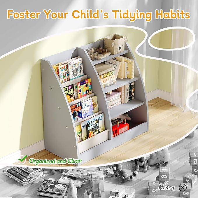4 Tier Kids Bookshelf,4 Layer Sling Kids Book Shelf for Kids Rooms,Wood Children Bookcase,Baby Storage Book Rack,Toddler Bookshelf, Book and Toy Organizer,Book Display Shelf for Bedroom, Nursery