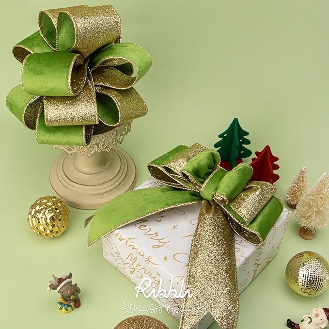 Ribbli Spring Moss Velvet Wired Ribbon 2.5 Inch Lime Green Velvet with Gold Glitter Christmas Ribbon for Christmas Tree Decoration Big Bow Gift Wrapping Crafts Wreaths Supplies- 10 Yards