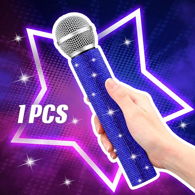 Sanwuta Fake Microphone Prop Sparkly Bling Rhinestones Plastic Play Microphone Pretend Glitter Bedazzled Mic for Cosplay Party Costume(Royal Blue)