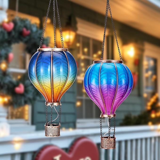 TERESA'S COLLECTIONS 2 Pack Hanging Solar Lantern Outdoor Garden Decor for Valentine,Waterproof Plastic Hot Air Balloon Blue Flickering Flame Effect Lantern for Yard Tree,Gift for Mom,18"