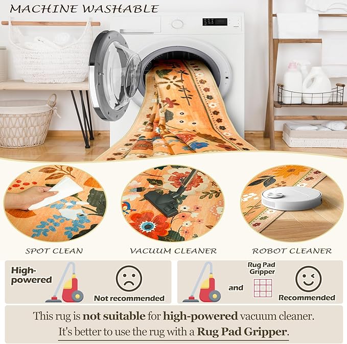 Floral 6x9 Area Rug Machine Washable Soft Print Boho Carpet Non Slip Doormat Low Pile Flower Area Rugs for Living Room Bedroom Nursery Kitchen Dining Room Indoor-Yellow/Orange