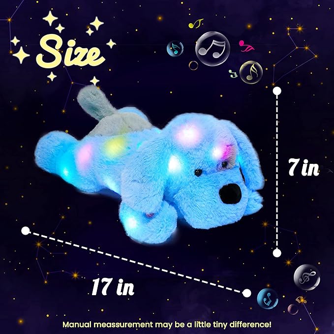 Hopearl LED Musical Stuffed Puppy Lighting Up Singing Plush Dog Adjustable Volume Lullaby Animated Soothe Birthday Festival for Kids Toddler Girls, Blue, 17''