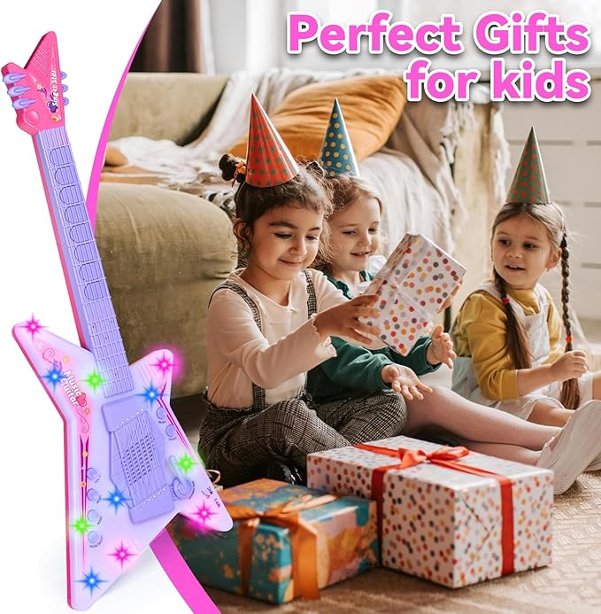 Guitar and Microphone Play Set with Glasses,Music Toys with Music&Light,Kids Karaoke Machine,Music Instruments for Toddlers,Girls,Perschool Educational Toys Gift for Children