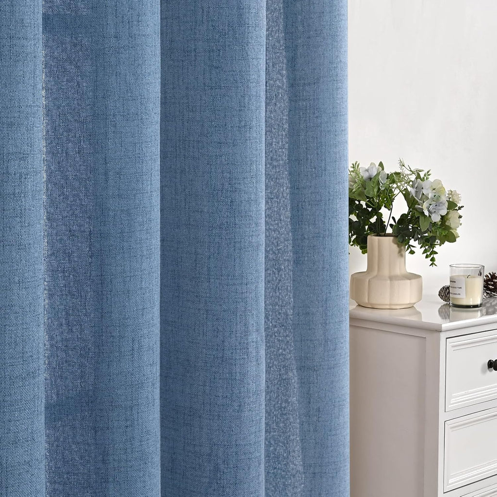 YoungsTex Denim Blue Short Linen Curtains 40 Inch Length for Kitchen Window, Semi Sheer Window Drapes with Rod Pocket Back Tab Light Filtering Privacy for Bathroom, 2 Panels, 42 x 40 Inch