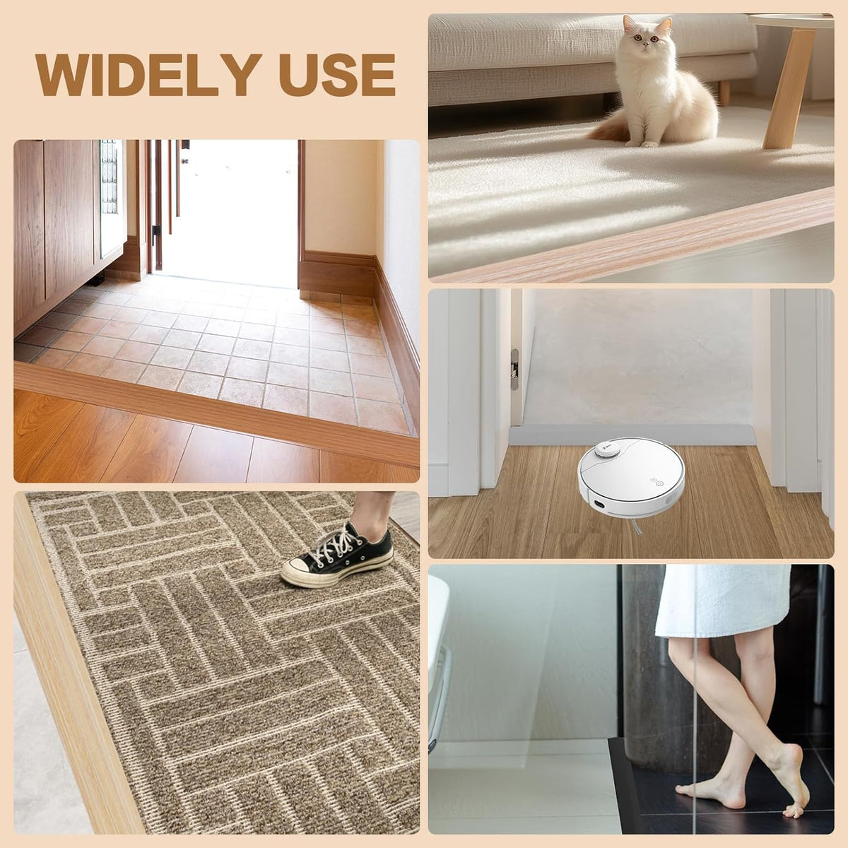 Floor Transition Strip Vinyl Door Threshold Ramp Self Adhesive Carpet Edging Strip Doorway Edge Trim, Overlap Edge Reducer for Laminate Carpet, Floor, Tile (Yellow Wood, 1/5" to 2/5", 6.6Ft)