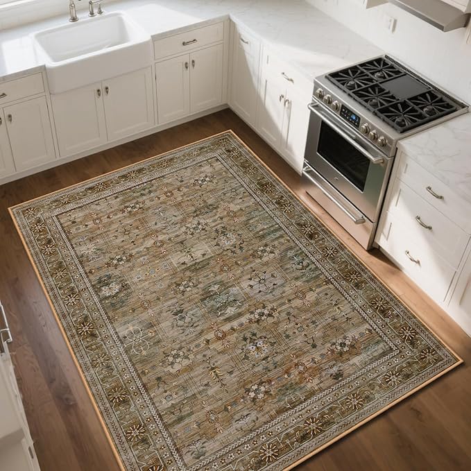 5x7 Washable Area Rug for Living Room Dining Room, Distressed Non Slip Vintage Floral Rugs for Bedroom, Traditional Indoor Floor Carpet for Dining Kitchen Farmhouse Olive/Charcoal