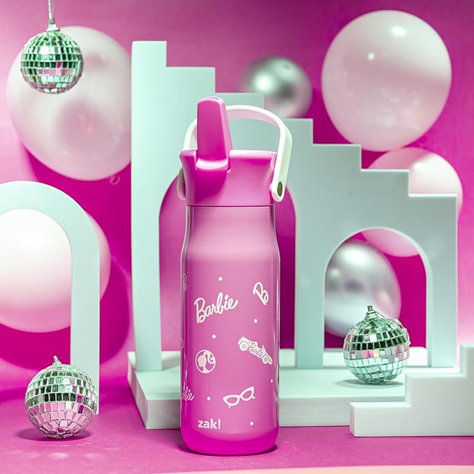 Zak Designs Barbie Harmony Water Bottle for Travel or At Home, 20oz Stainless Steel is Leak-Proof When Closed and Vacuum Insulated with Straw Lid and Carry Handle (Pink)