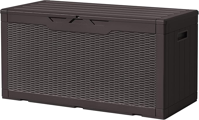 Devoko 97 Gallon Deck Box, Waterproof Resin Outdoor Storage Box for Outside and Patio, Large Outdoor Storage Bench Cabinet Lockable for Patio Furniture, Garden Tools and Pool Supplies (Deep Brown)