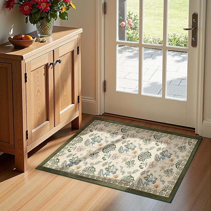 jinchan 2x3 Floral Rug for Entryway Washable Kitchen Rug Vintage Romance Design Small Mat Non Slip Indoor Doormat Lightweight Low-Profile Throw Carpet for Entrance Bathroom Laundry Room, Green/Beige