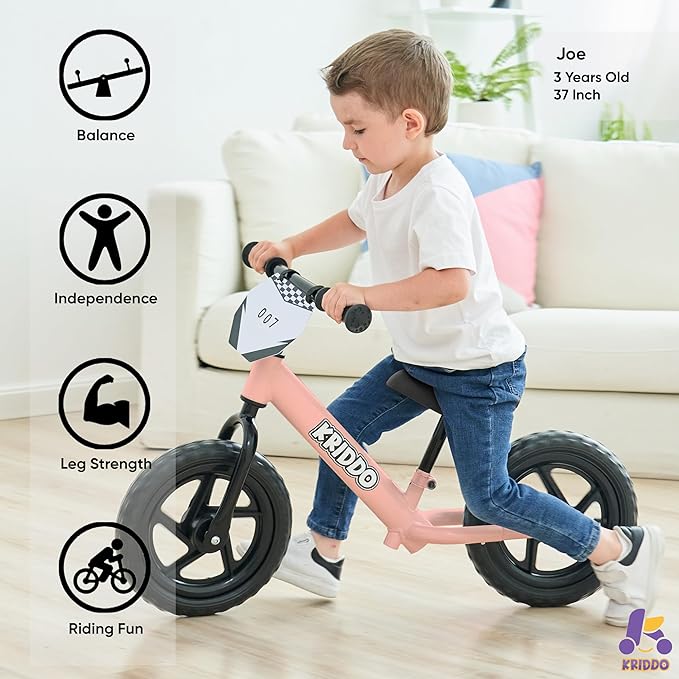 KRIDDO Toddler Balance Bike 2 Year Old, Age 24 Months to 5 Years Old, 12 Inch Push Bicycle with Customize Plate (3 Sets of Stickers Included), Steady Balancing, Gift Bike for 2-3 Boys Girls, Pink
