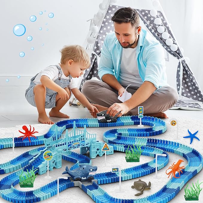 Track Race Car Toys for Kids, Create A Ocean World Race Road, Flexible Tracks Playset & 2PCS Cool Shark Cars, Toddler Toys Birthday Gifts for Age 3 4 5 6 Year Old Boys Girls