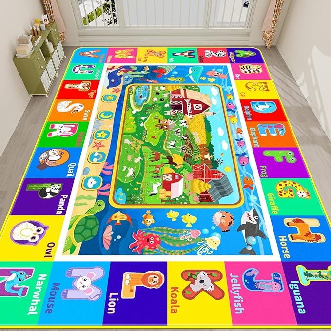 Kids Rug for Playroom, Kids Baby Playmat with Farm Sea Animal, Alphabet ABC Educational Rug, Floor Play Mat Carpet for Bedroom Preschool Classroom (110.2X78.7 INCH, Farm)
