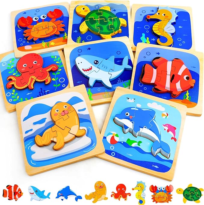 TOY Life Wooden Puzzles for Toddlers 2-4, Sea Animals Puzzles for Toddlers 1-3, Wood Puzzles Educational Montessori Toys Gifts for 1 2 3 Year Old, Baby Kids Learning Toy