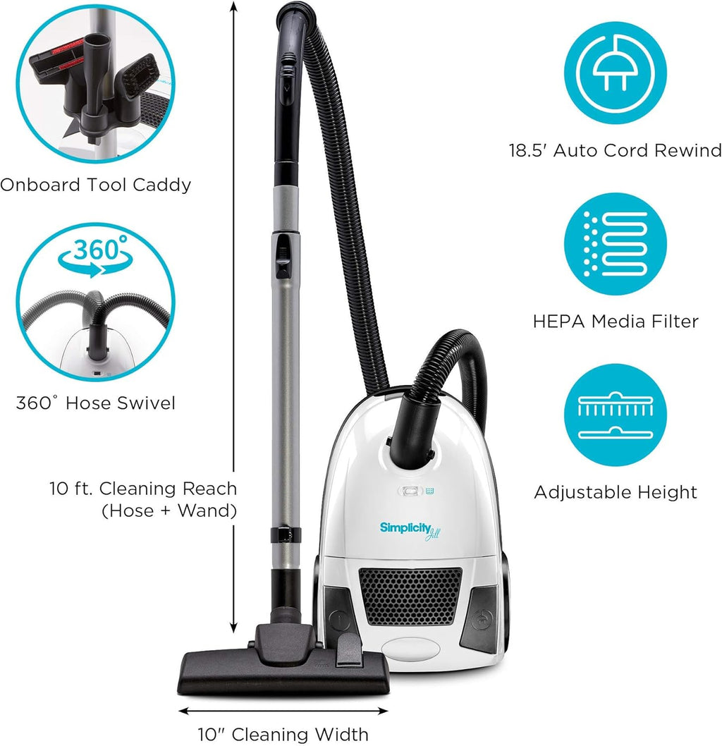 Simplicity Vacuums Jill Compact Canister Vacuum Cleaner with Pet Tool Fur Remover, Bagged Vacuum with Certified HEPA Filtration for Hard Floors and Rugs, Stair Vacuum