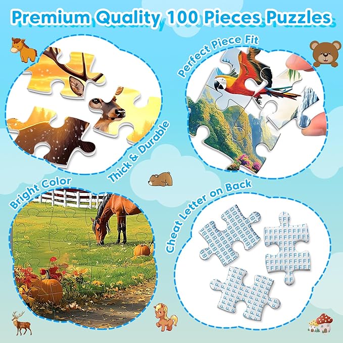 4 Packs Puzzles for Kids Ages 4-6 6-8 8-10, Farm Rainforest Wild Animals Kids Puzzles, 100 Pieces Jigsaw Puzzle for Seniors Adults Kids Learning Puzzle Toys Gifts for Girls Boys 15x11 inch