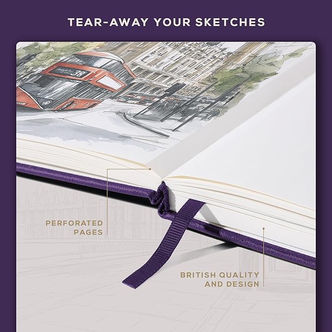 Beechmore Books A3 Sketchbook – 11.7x16.5 Premium Vegan Leather Bound Extra Large Sketch Book Hardcover, 160gsm 160 Perforated Ivory Pages, Blank Sketch Pad, Gift Boxed, Back Pocket, Ribbon Bookmark
