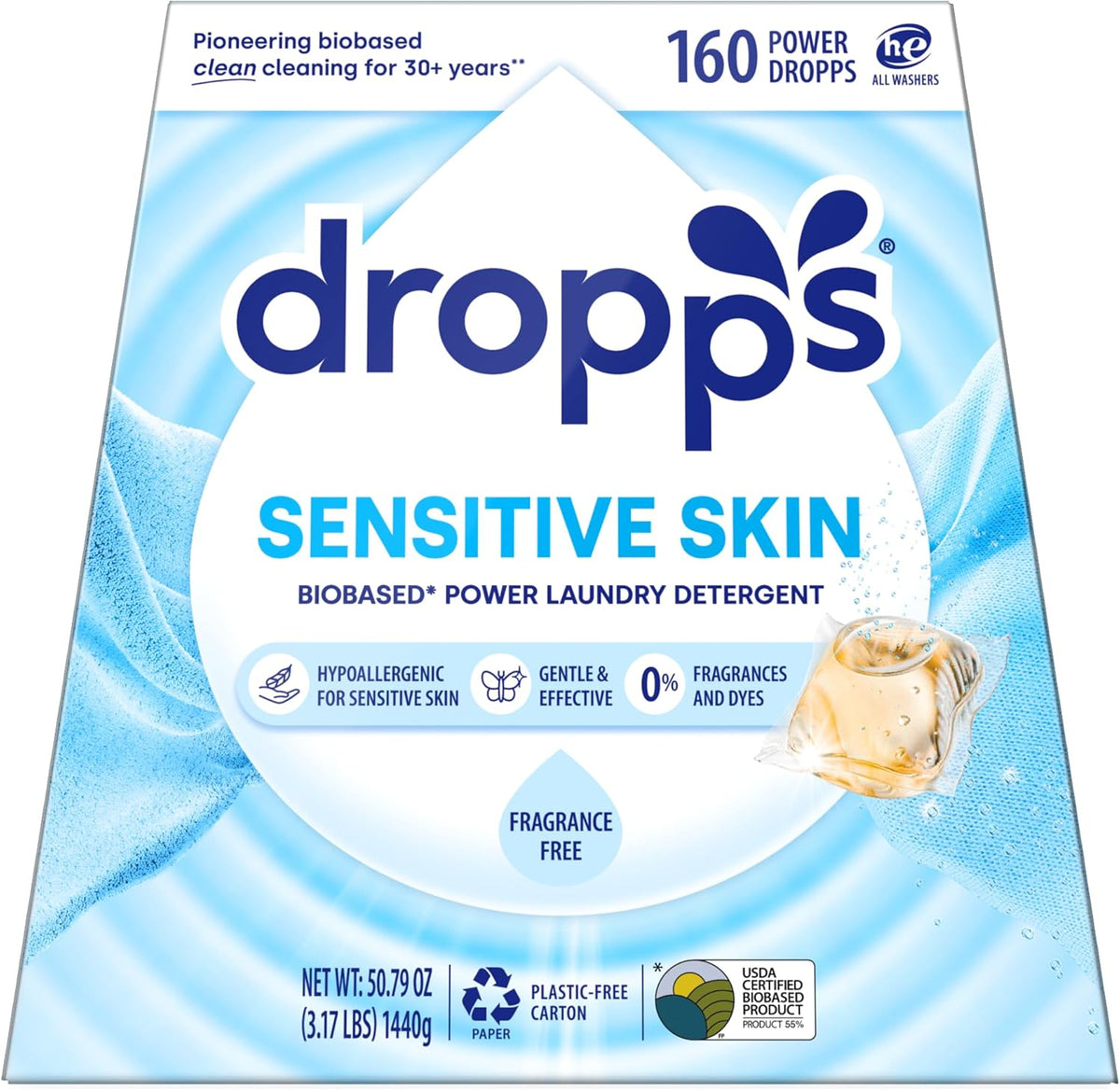 Dropps Sensitive Skin Laundry Detergent Pods, Unscented (160 Count) - Dermatologist Tested Laundry Pods - HE Compatible Laundry Supplies for Clean Clothes, Vegan & Dye-Free