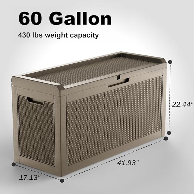 60 Gallon Deck Box,Resin Outdoor Storage Box with Lockable for Patio Furniture, Pool Accessories, Garden Tools, Waterproof Outside Storage Box, Grey Pattern