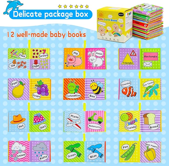 OKOOKO 12PCS Soft Baby Books, Soft Cloth Books, Bath Toys, Crinkle Washable Non-Toxic Early Education Preschool Learning Toy for Newborns Babies Infants Toddlers Kids