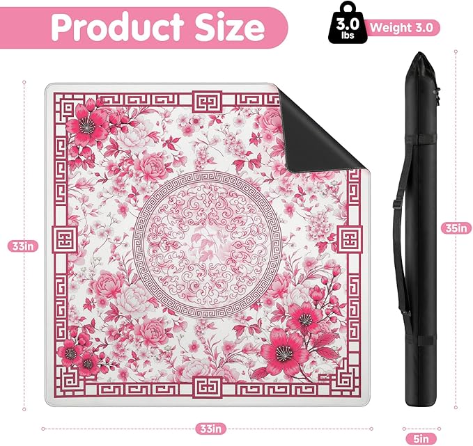 Mahjong Mat for Table 33x33 Inch, No-Crease, Anti-Slip, Noise-Reducing American Mahjong Mat, Mahjong Table Mat with Carry Bag, Neoprene Mahjong Mat for Poker, Card, Board(Pink)