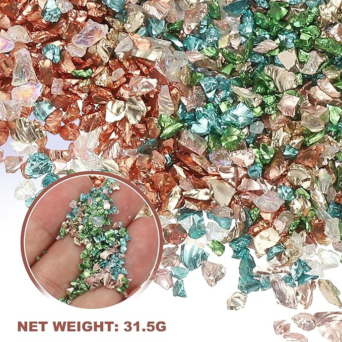 uxcell 6 Colors Crushed Glass Chips, 1-3mm Irregular Glitter Metallic Glass Broken Glasses Pieces with Laser Bag for Craft DIY Vase Epoxy Halloween Decoration 31.5g, Solid Color