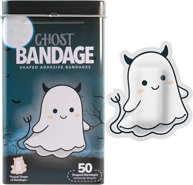 BioSwiss Bandages, Halloween Ghost Shaped Self Adhesive Bandage, Latex Free Sterile Wound Care, Fun First Aid Kit Supplies for Kids, 50 Count