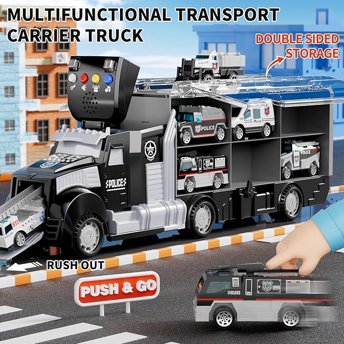 Police Trucks Toy Set with Play Mat, Carrier Truck Play Vehicles Set for 3 4 5 6 Years Old Boys Kids, Die-Cast Car Toy for Toddlers 3-4 Years, Birthday Gifts Toys for 3-9 Year Old Boys
