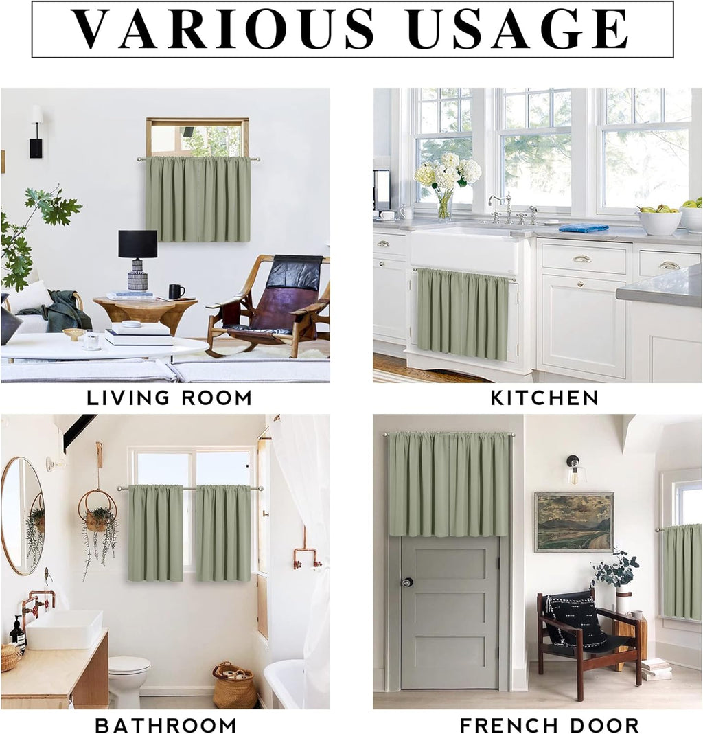 RYB HOME Small Curtains Blackout - Privacy Insulating Farmhouse Mini Curtains for Kids Bedroom RV Camper Windows Trailer Bathroom Kitchen Cabinet Door Window, W 29 x L 36, Sage Green, 2 Panels