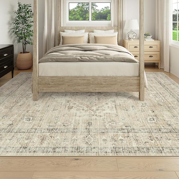 LIVEBOX Washable Area Rug 9x12 Rugs for Living Room Bedroom, Non-Slip Boho Neutral Carpet for Dining Room Office, Low-Pile Farmhouse Soft Carpets for Kids Nursery Room Playroom, Tan