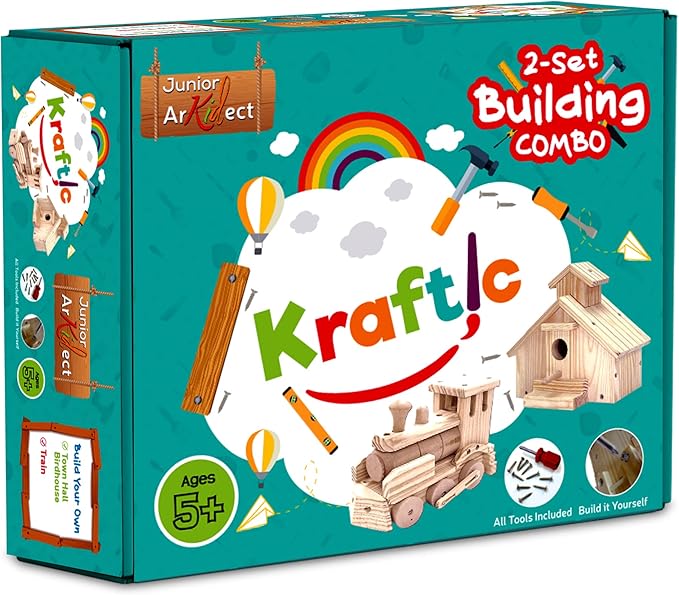 Kraftic Woodworking Building Kit for Kids and Adults, 2 Educational DIY Carpentry Construction Wood Model Kit Toy Projects for Boys and Girls - Build a Wooden Town Hall Birdhouse and Train
