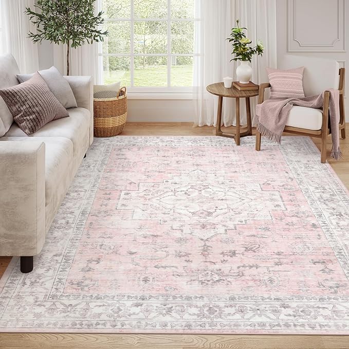 LIVEBOX Pink 8x10 Area Rug for Bedroom Girls, Boho Washable Rugs for Living Room Nursery, Non-Slip Indoor Soft Carpet Low-Pile Farmhouse Carpets for Dining Room Kids Playroom, Pink
