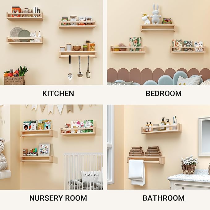 Heimlove Nursery Floating Shelves, Wood Nursery Book Shelves for Wall, 16 inch Wall Bookshelf for Kids Solid Wood Wall Mounted Shelves for Books,Toys and Decor Storage, Set of 2