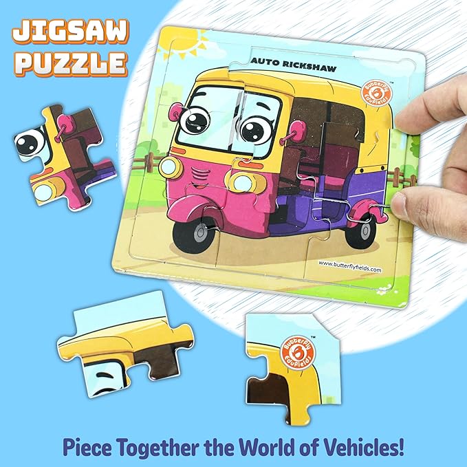 Butterfly EduFields 4-in-1 Vehicles Jigsaw Puzzle Set for Kids Age 3-7 | 38 Pcs Brain-Boosting Puzzle Toy with Coloring Worksheets for Boys & Girls | Preschool Learning