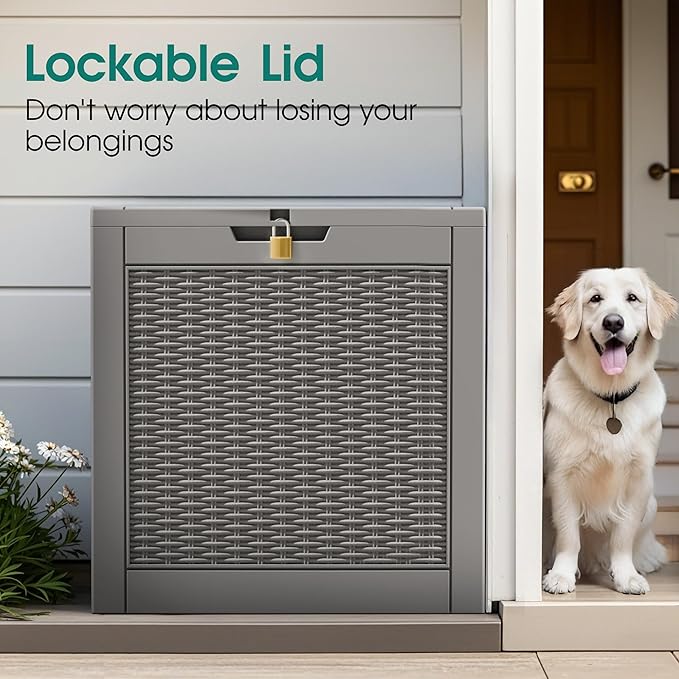 Outdoor Storage Box, Resin Deck Boxes Indoor and outdoor, Waterproof Storage Box Lockable Lid (Grey, 35 Gallon)