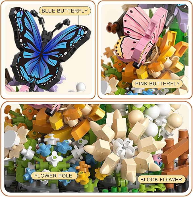 Flower Bouquet Building Set for Adult,Mini Plant Bonsai Tree Friend Set,Botanical Collection Gift for Kids,Home Decor Building Block, New Year Birthday Gift for Women Boys Girls(Butterfly)