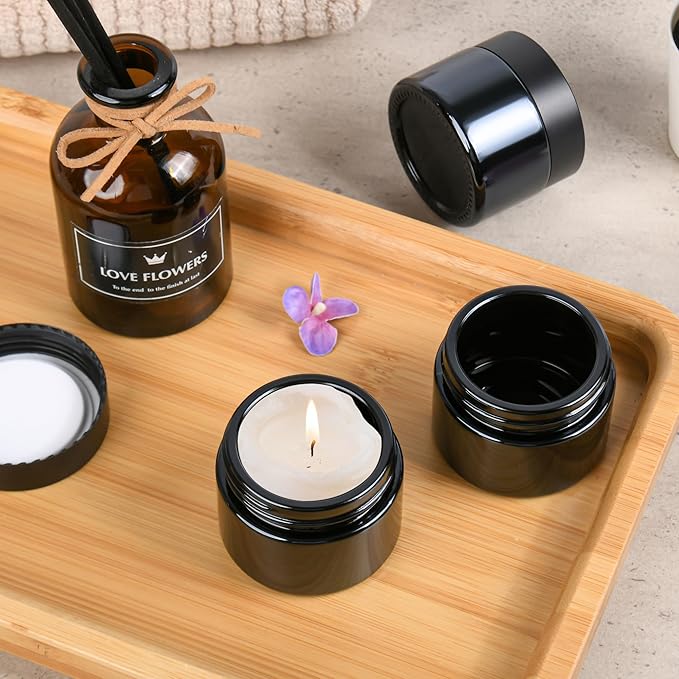 Glass Jars with Lids,Eco-Friendly Cosmetic Containers with Airtight Black Lids & Liners, Multi-Color Options for Cream, Lotion, Body Butter, DIY Skincare Travel Jars (Black, 2oz)