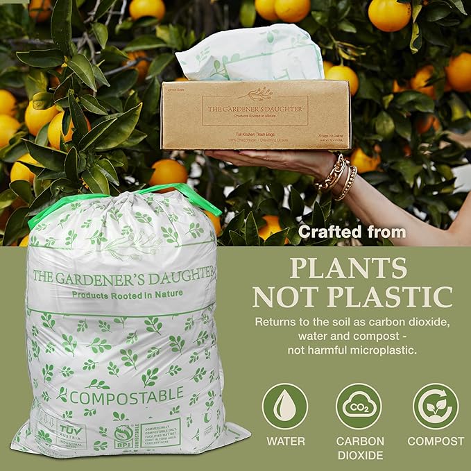 13 Gallon Compostable Trash Bags – Extra Strong, Drawstring Kitchen Bags (30 Count, White) | Leak-Proof, BPI & TUV Certified, Home Compostable – Evergreen by The Gardener's Daughter