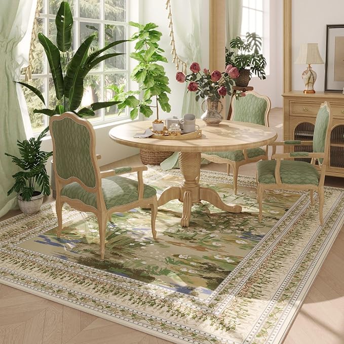 5x7 Area Rugs Impressionist-Style Vintage Washable Area Rug Non Slip Low Pile Large Rugs for Living Room Bedroom Farmhouse Dining Room Kids Playroom, Beige
