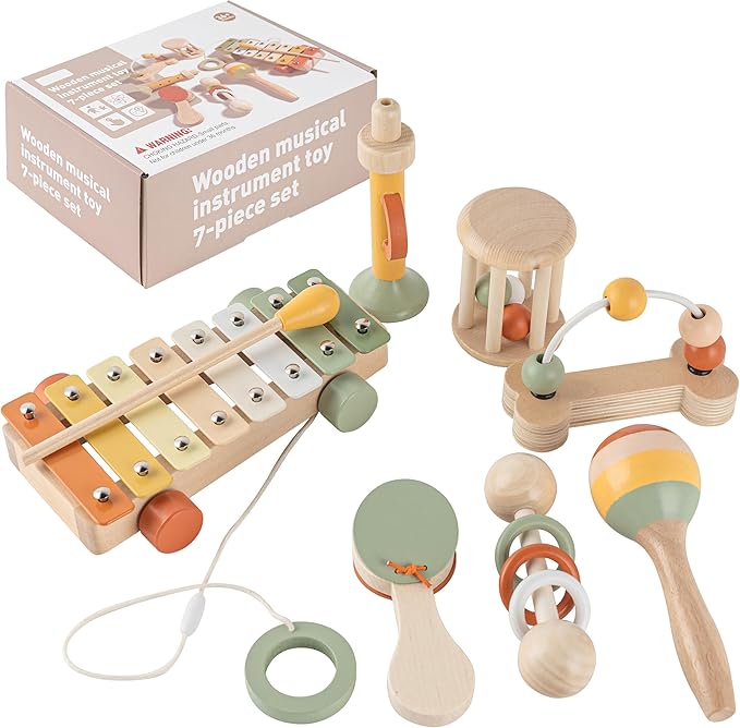 VINJOE Baby Musical Instruments-Toddler Montessori Wooden Musical Toys for Kids, Neutral Colors Percussion Instruments Set Early Learning Musical Toys for Preschool Educational Birthday Gifts