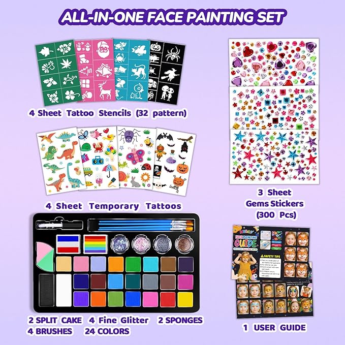 Face Painting Kit for Kids with 24Colors, Rainbow Cakes, Stencils, Gem Stickers, Glitter, Brushes, Temporary Tattoos – Non-Toxic Washable Face Paint for Halloween, Birthday Party, School Events