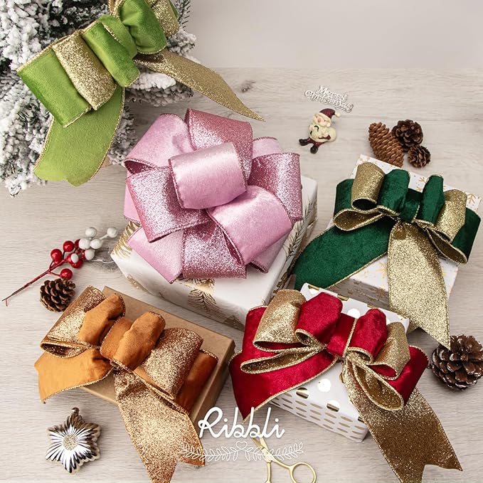Ribbli Pink Velvet Wired Ribbon 2.5 Inch Velvet with Glitter Christmas Ribbon for Tree Decoration Big Bow Gift Wrapping Crafts Wreaths Supplies - 10 Yards
