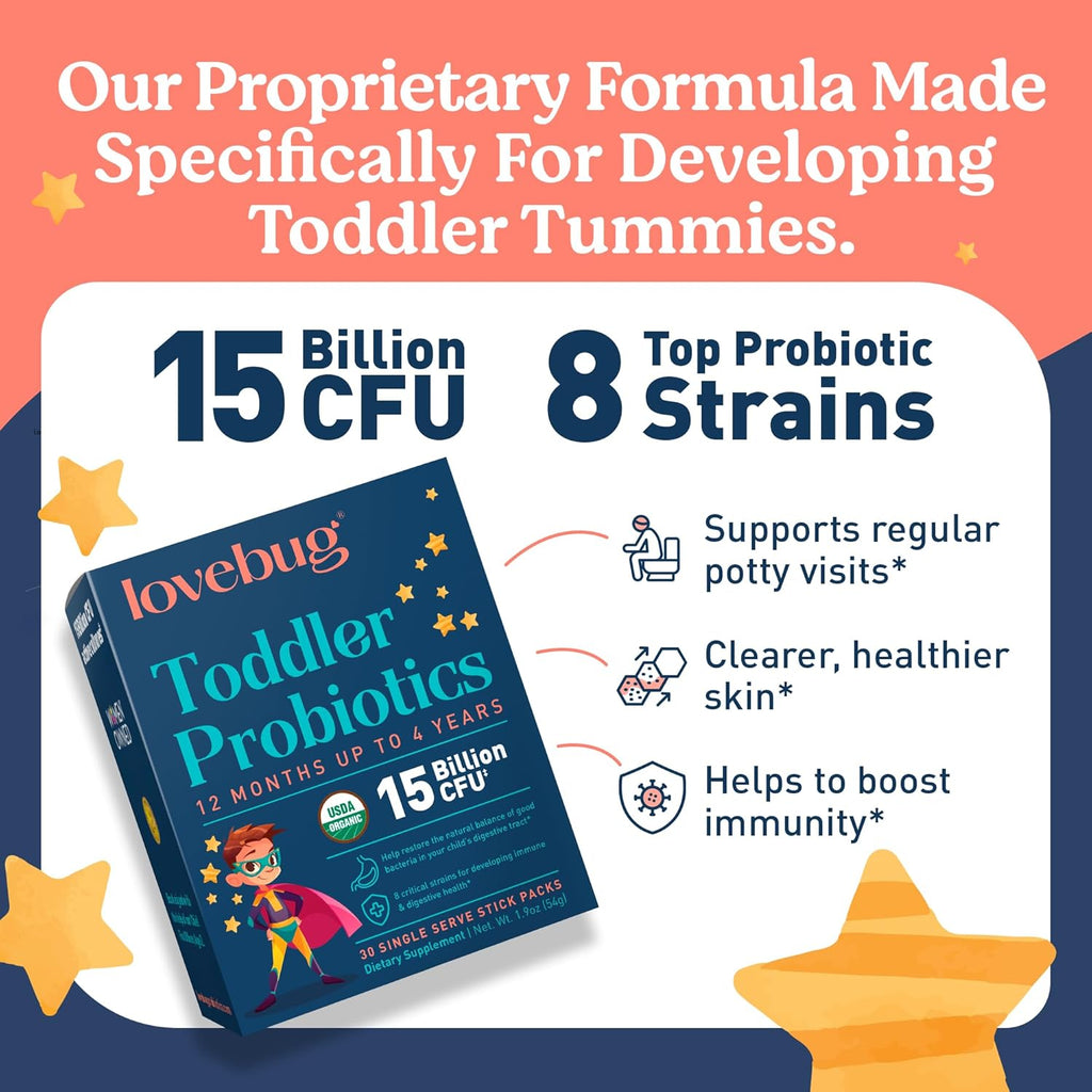 Lovebug Award Winning USDA Organic Probiotic for Toddlers & Kids | Multi-Strain 15 Billion CFU | Easy-to-Take Powder | Sugar Free | Ages 12 Months to 4 Years | 30 Count (Pack of 1)