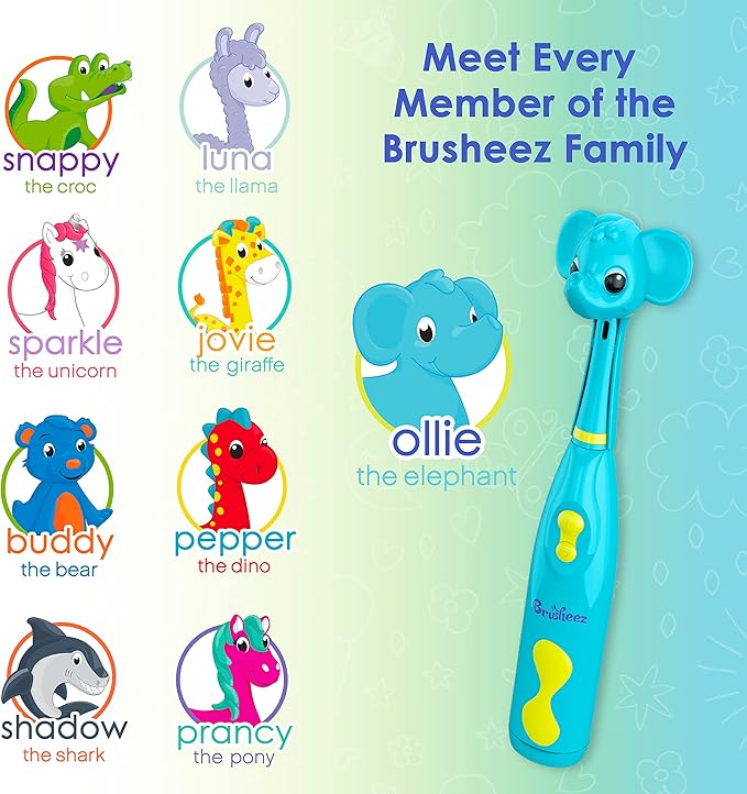 Brusheez Kids’ Electric Toothbrush Set - Safe & Effective for Ages 3+ - Parent Tested & Approved with Gentle Bristles, 2 Brush Heads, Rinse Cup, 2-Minute Timer, & Storage Base (Ollie The Elephant)