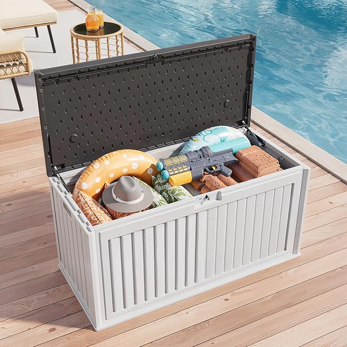 Gizoon 100 Gallon Deck Box, Resin Outdoor Storage Box with Lockable Lid, Waterproof and UV Resistant, Perfect for Storing Patio Mats, Garden Tools, Home and Outdoor Organization